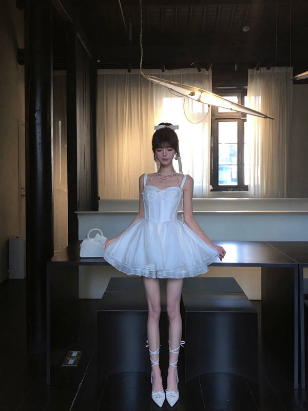 White suspenders waist sexy puffy skirt homecoming dress R5057