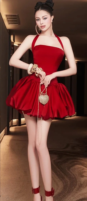 Red high-end halter neck waist slim satin bud skirt short skirt homecoming dress R4528
