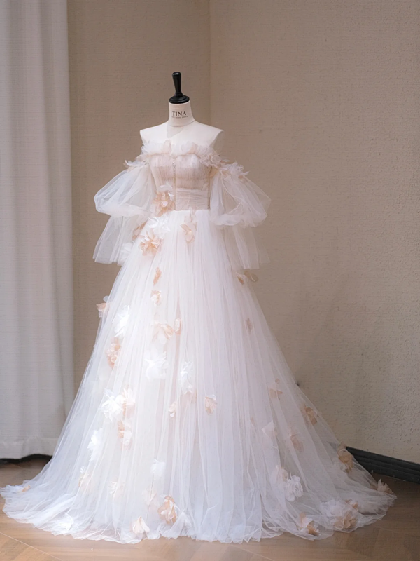 White Strapless One Shoulder Waist Floral Slim Fit A-Line Long Dress Bridal Gown R5714