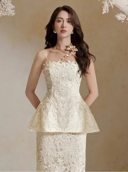 Apricot suspender A-line ruffle design top hip sexy long skirt suit homecoming dress R4854