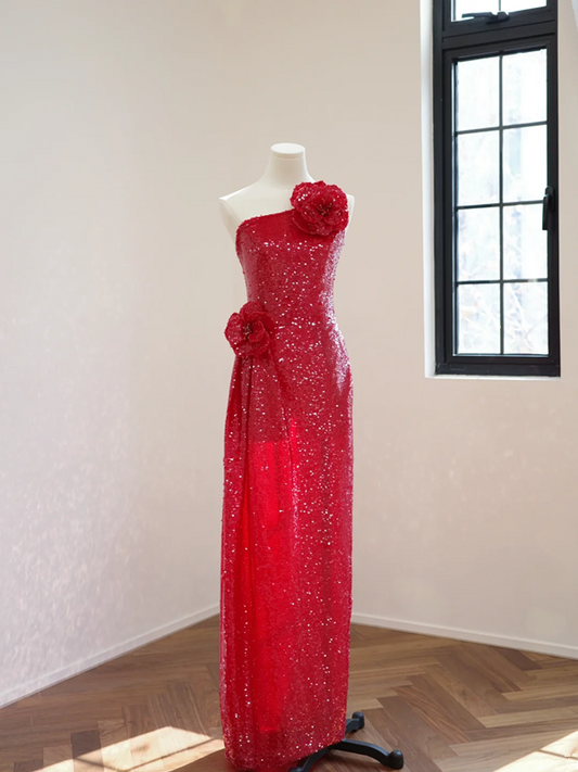 Red asymmetrical neckline, fitted waist, long ball gown R8473