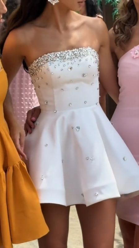 White tube top diamond waist slim A-line short skirt homecoming dress R5517