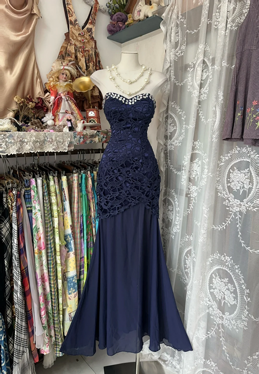 Navy blue strapless, fitted, bodycon fishtail gown, sexy ball gown R6347