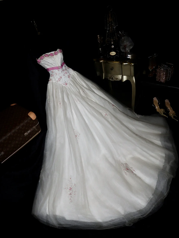 White strapless, fitted A-line long ball gown R6987