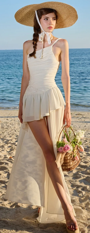White asymmetrical suspenders waist slim pleated gentle sexy short skirt homecoming dress R4608
