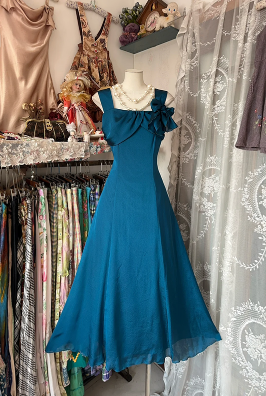 Dark blue tank top, fitted A-line long skirt, ball gown R6308