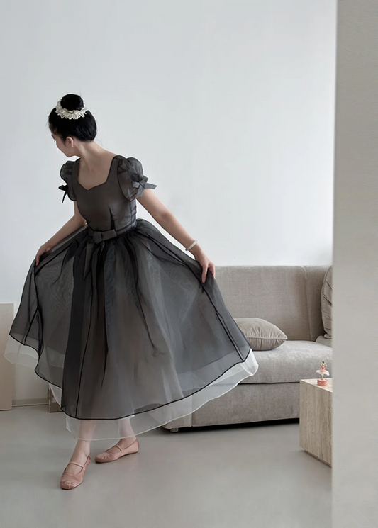 Gray square-neck, waist-cinched, full-skirted elegant prom dress R7973