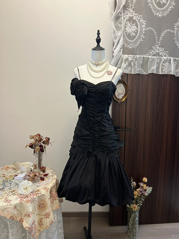 Black suspender waist fishtail skirt pleated hip sexy long skirt homecoming dress R4286