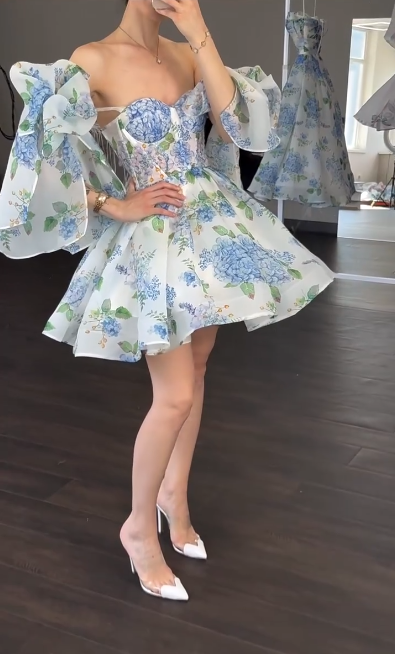 Blue floral tube top waist puffy A-line short skirt homecoming dress R5558