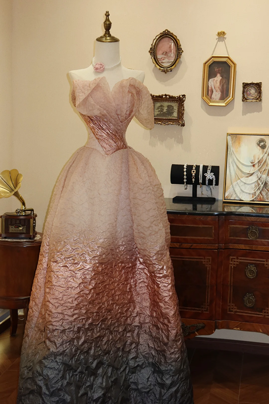 Light pink strapless, fitted waist, gradient skirt, long ball gown, bridal dress R7180