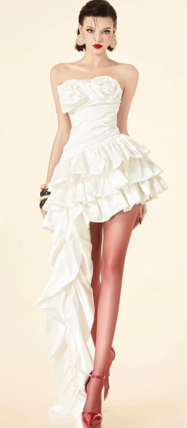 Apricot tube top waist slim fit A-line cake skirt short skirt homecoming dress R4446