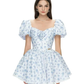 Blue floral puff sleeves slim waist slim fit puffy skirt homecoming dress R4814