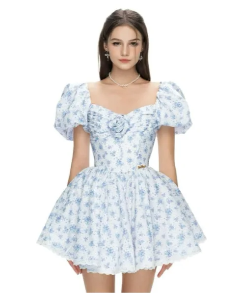 Blue floral puff sleeves slim waist slim fit puffy skirt homecoming dress R4814