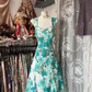Green floral print halter-neck fitted A-line short ball gown R7466