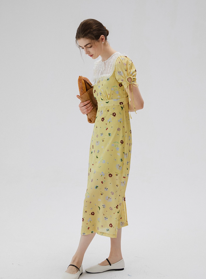 French yellow tea dress retro floral dress lace holiday dress for women R3558