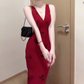 Retro V-neck red suspender dress sexy waist temperament hip fishtail long skirt R0712