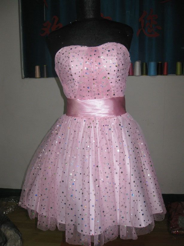 Sweet Pink A-Line Strapless Polka Dot Sequin Bodycon Mini Dress Homecoming Dress RS186