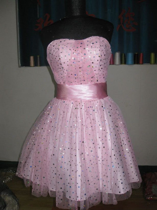 Sweet Pink A-Line Strapless Polka Dot Sequin Bodycon Mini Dress Homecoming Dress RS186