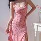 European and American retro girl side slit pink floral suspender skirt long dress R2811