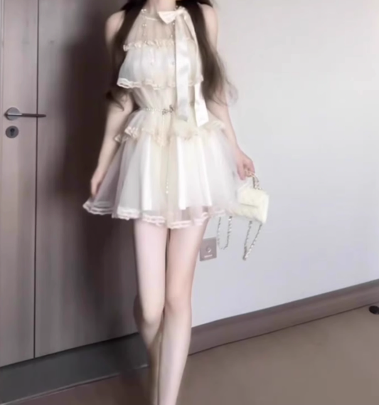 Sweet style sleeveless halter neck dress beautiful temperament puffy short skirt R0760