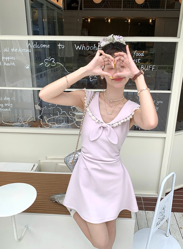 Navy collar bow waist dress summer French fashion temperament skirt R4738