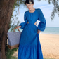 Seaside travel long skirt hollow waist slim embroidery backless long sleeves big swing dress R0186