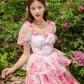 Pink Puff Sleeve Floral Waist Print Short Skirt Homecoming Dress R4005