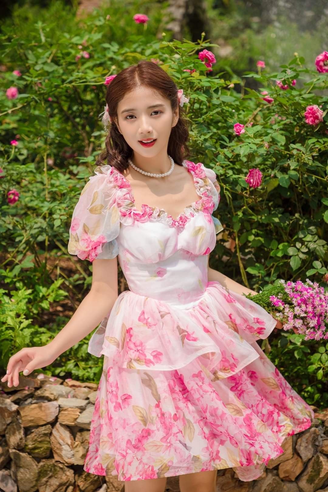 Pink Puff Sleeve Floral Waist Print Short Skirt Homecoming Dress R4005