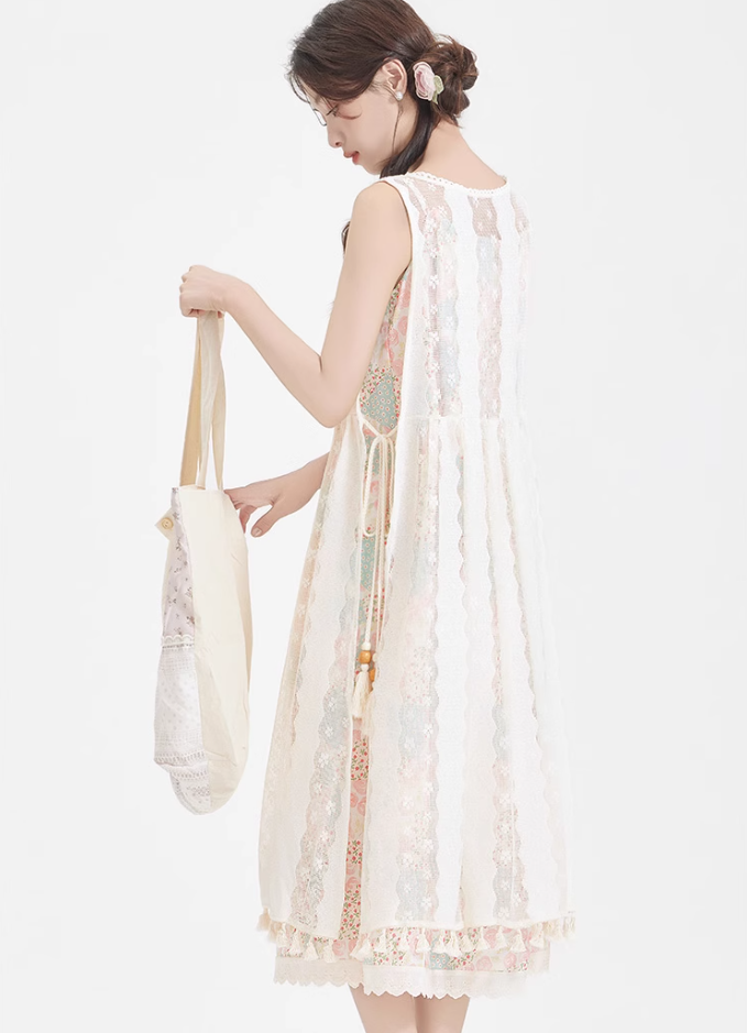 Forest style pastoral style floral dress new style suspender skirt blouse suit two-piece set R2394