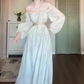 Gentle temperament blue one-shoulder dress beautiful waist A-line long skirt R0666