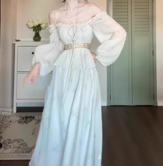 Gentle temperament blue one-shoulder dress beautiful waist A-line long skirt R0666