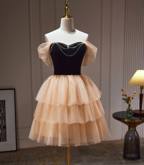 Elegant Contrast Homecoming Dress , Beading Tulle Frilled Corset Mini Evening Dress RS1451