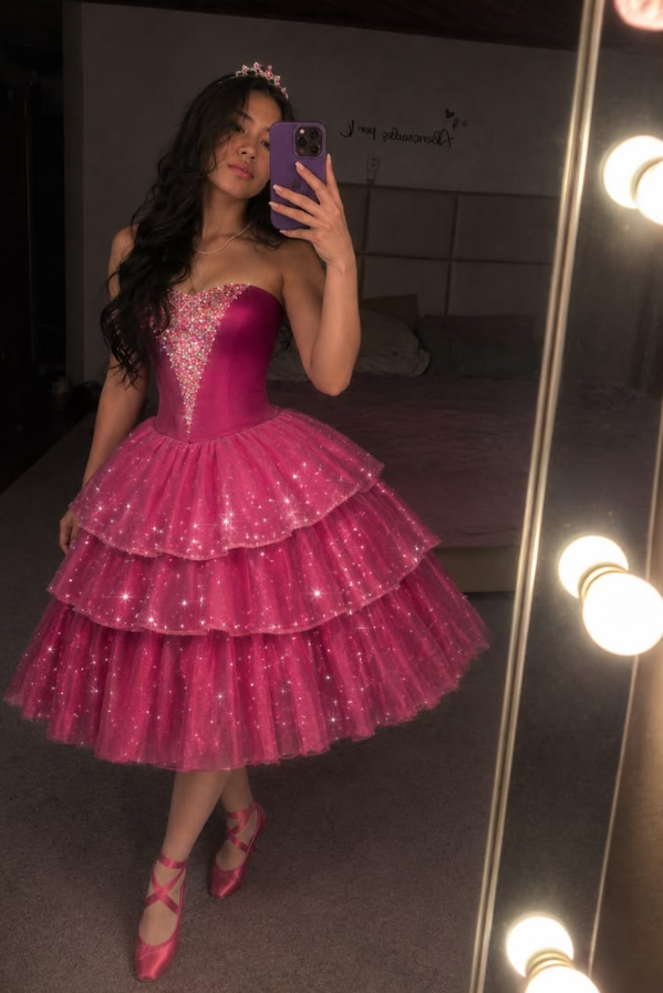 Puffy Tulle Glitter Women's Homecoming Dress Barbie Pink Corset Short Prom Dress Birthday Dress RS2612