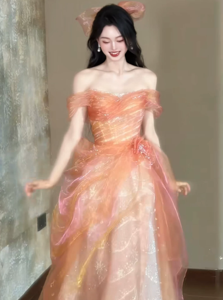 Tulle Glitter Hazy Corset Prom Gown , Orange Women's Maxi Birthday Dress Party Dress RS2508
