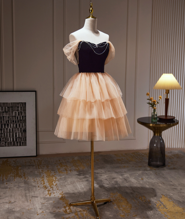 Elegant Contrast Homecoming Dress , Beading Tulle Frilled Corset Mini Evening Dress RS1451