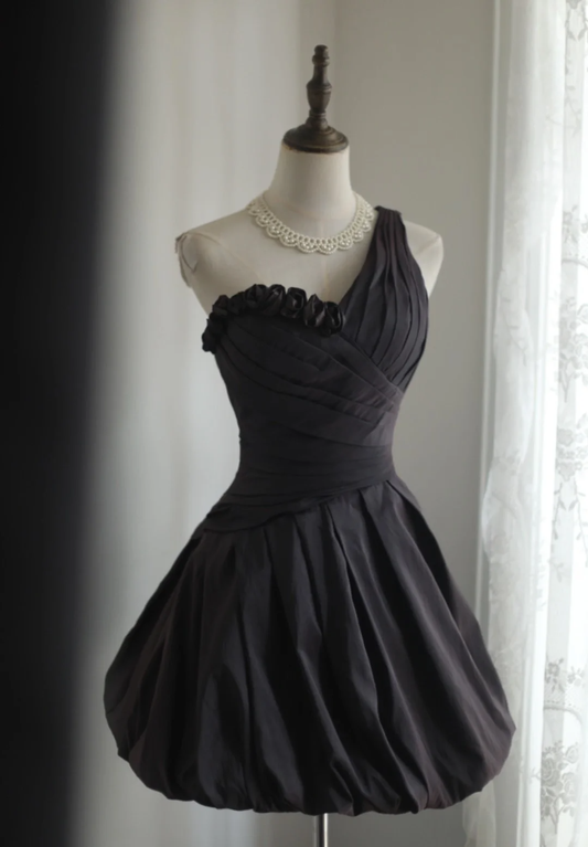 Black asymmetrical neckline, fitted waist, bubble skirt, short homecoming dress R4169