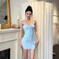 Fresh Pale Blue Sheath Halter Bodycon Mini Summer Dress Homecoming Dress RS328