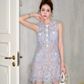 Blue elegant lace flower exquisite diamond sleeveless small Chanel style dress A-line skirt R4071
