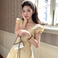 Yellow mid-length v-neck small fragrance temperament beaded bow dress summer skirt R4741