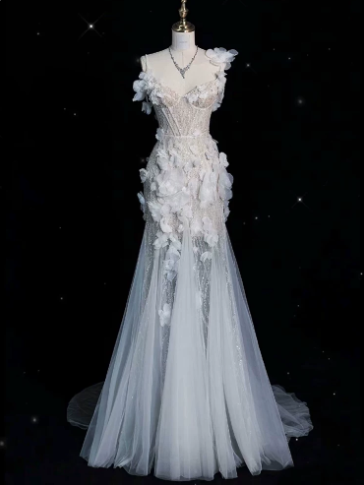 Elegant Pale Blue Mermaid Spaghetti Straps Embroidery Bodycon Maxi Quinceanera Dress Evening Dress RS336