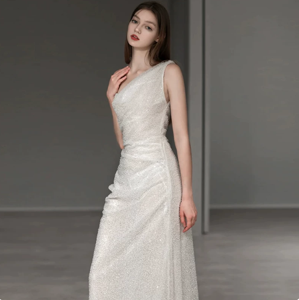 French Chic White Mermaid One-shoulder Open Back Maxi Wedding Dress RS334