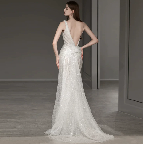 French Chic White Mermaid One-shoulder Open Back Maxi Wedding Dress RS334