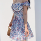 Retro countryside blue floral print dress lace one shoulder vacation skirt R2869