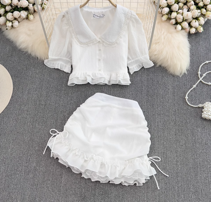 First love girl doll collar ruffled short shirt two-piece suit high waist hip skirt small size R0394