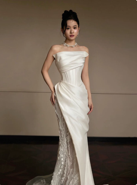 French Chic Ivory Mermaid Strapless with Lace Maxi Wedding Dress RS335
