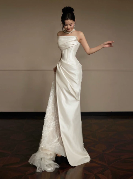 French Chic Ivory Mermaid Strapless with Lace Maxi Wedding Dress RS335