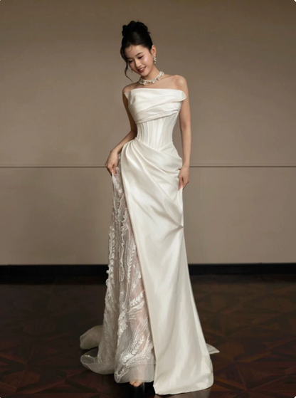 French Chic Ivory Mermaid Strapless with Lace Maxi Wedding Dress RS335