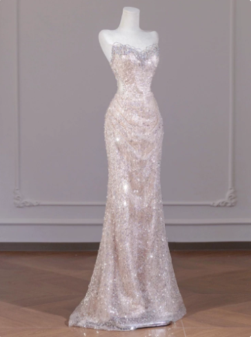 Elegant Blush Pink Mermaid Sweetheart Sequin Tulle Bodycon Maxi Quinceanera Dress Evening Dress RS337
