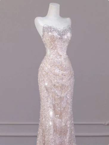 Elegant Blush Pink Mermaid Sweetheart Sequin Tulle Bodycon Maxi Quinceanera Dress Evening Dress RS337