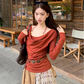 Fairy outfit two-piece suit design halter neck t-shirt fake two-piece plaid skirt suit R1699